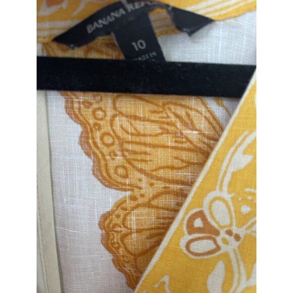 Banana Republic Linen Blend Mini Dress Yellow Beige Tropical Print Size 10 Pocke - Picture 5 of 7
